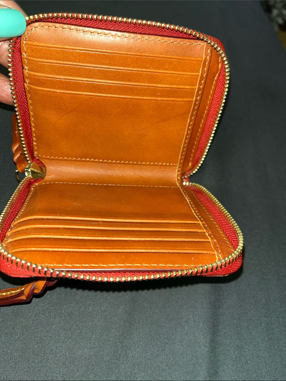 Red / Wine Color Dooney &Bourke Logo-Print Compact Wallet with Zip Pocket - Picture 3 of 4